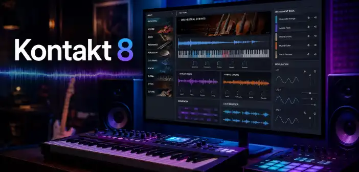 Native Instruments Kontakt 8 para Windows y macOS 2026 Kontakt 8 en un estudio de producción con instrumentos virtuales y bibliotecas de muestras
