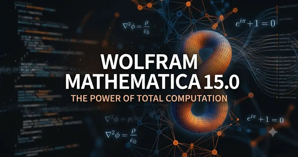 Representación visual del entorno de computación Wolfram Mathematica 15.0 con nodos neuronales y gráficos tridimensionales.