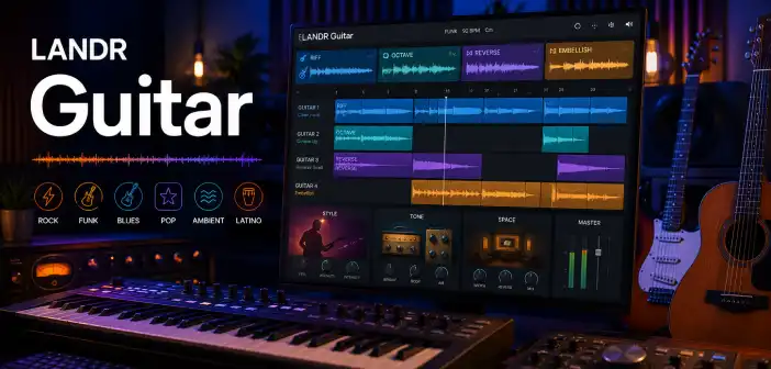 LANDR Guitar en un estudio con riffs, loops y efectos de guitarra