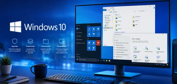 Windows 10 AIO 22H2 con escritorio, menú Inicio y herramientas de productividad