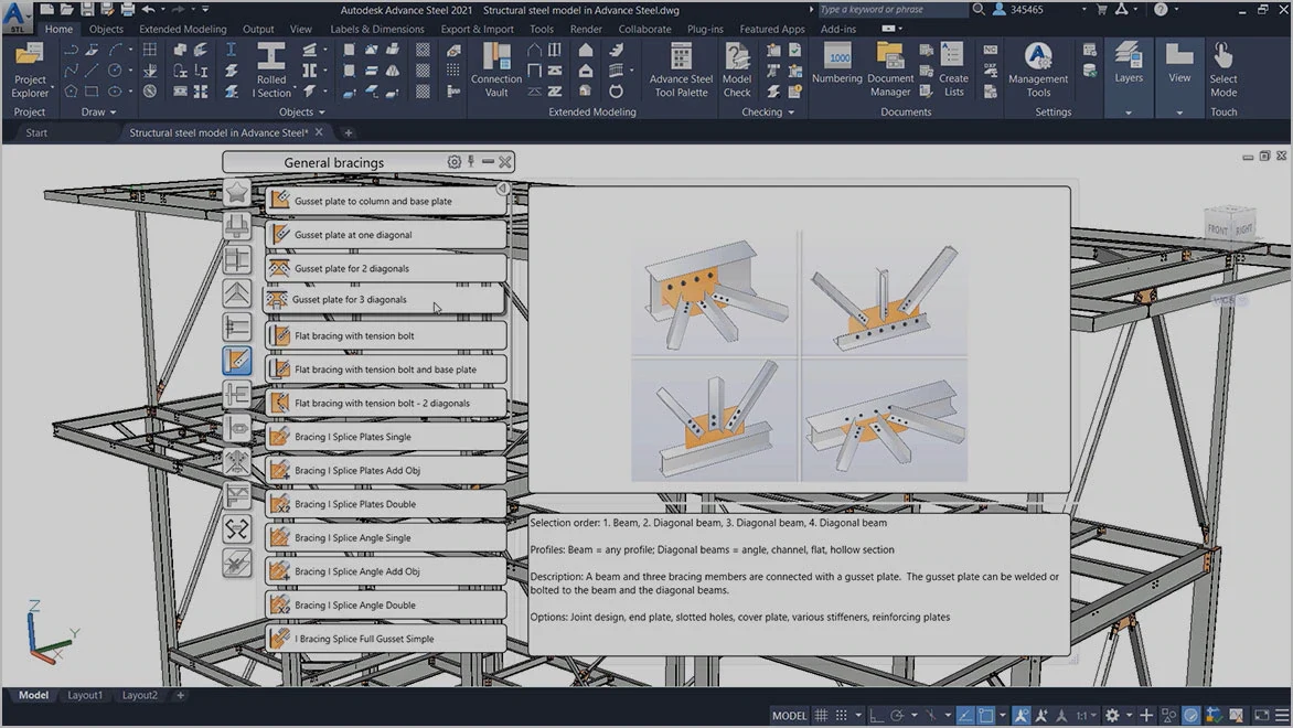 Autodesk Advance Steel (2024) x64 (Español, Ingles), modelado 3D para detalles, diseño, fabricación y construcción de acero | 24 octubre, 2026 Imagen de Autodesk Advance Steel.