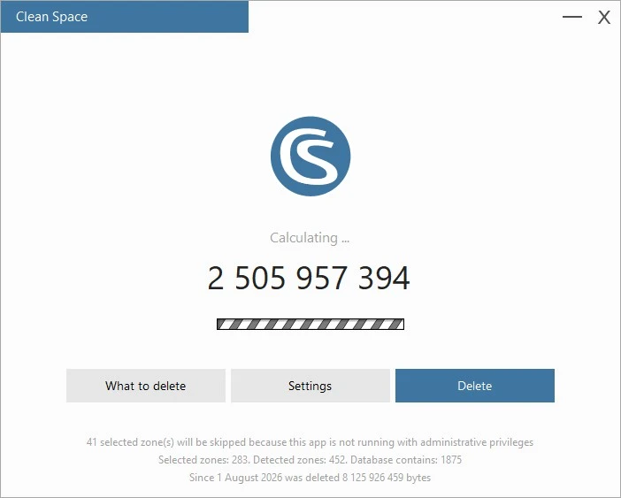 Clean Space: pantalla principal y cálculo del espacio que se puede limpiar.