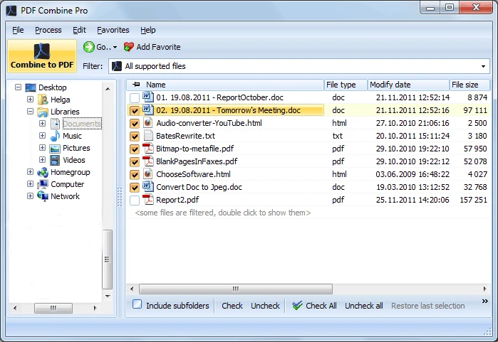 PDF Combine Pro: selección de documentos y vista previa.