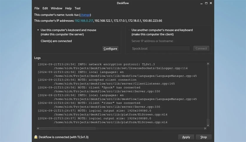 Deskflow 2026 v1.27.0 Full Español | 24 octubre, 2026 Deskflow: configuración para compartir teclado y ratón y registro de conexión.