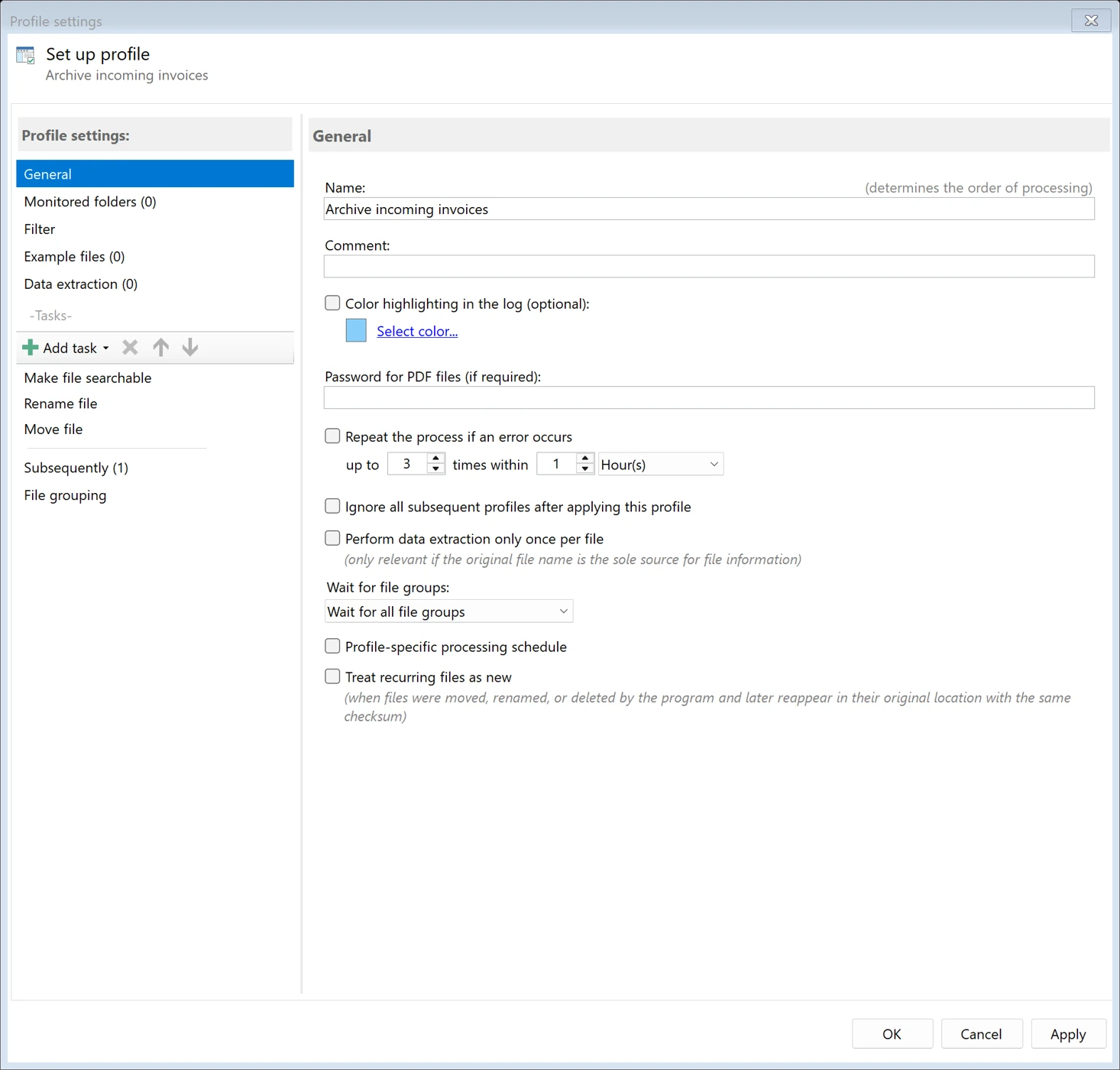Automatic PDF Processor: ajustes generales de un perfil de procesamiento.