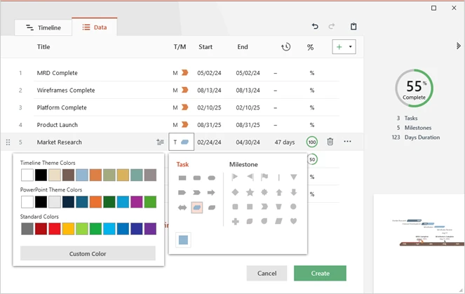 Lucen Timeline Expert: edición de datos y colores de una línea de tiempo.