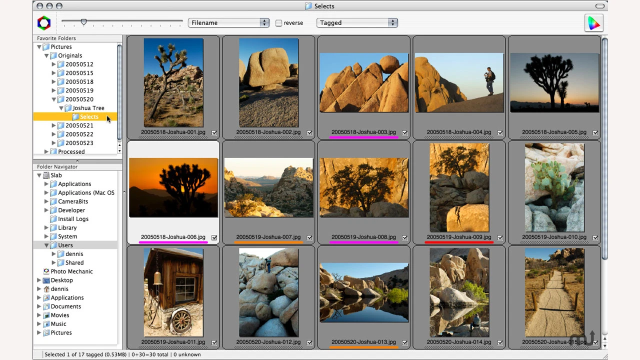 Photo Mechanic: hoja de contactos con miniaturas, etiquetas y calificaciones.