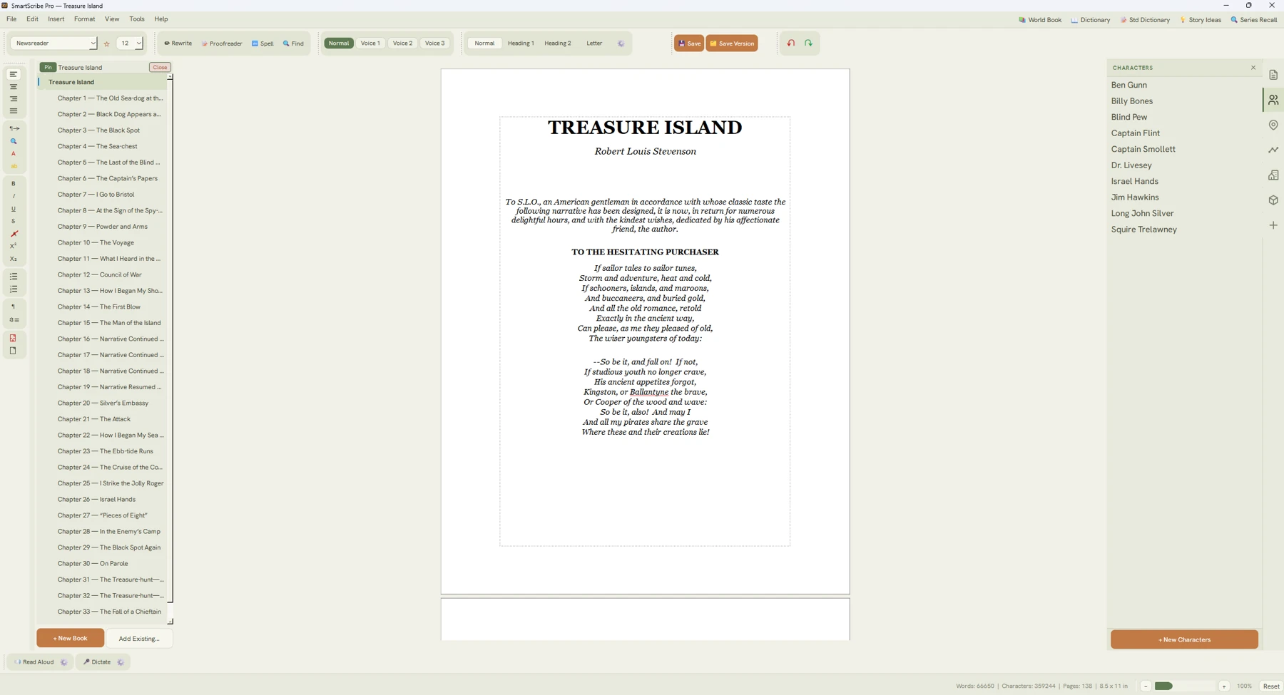SmartScribe Pro: manuscrito de ejemplo y herramientas de edición.